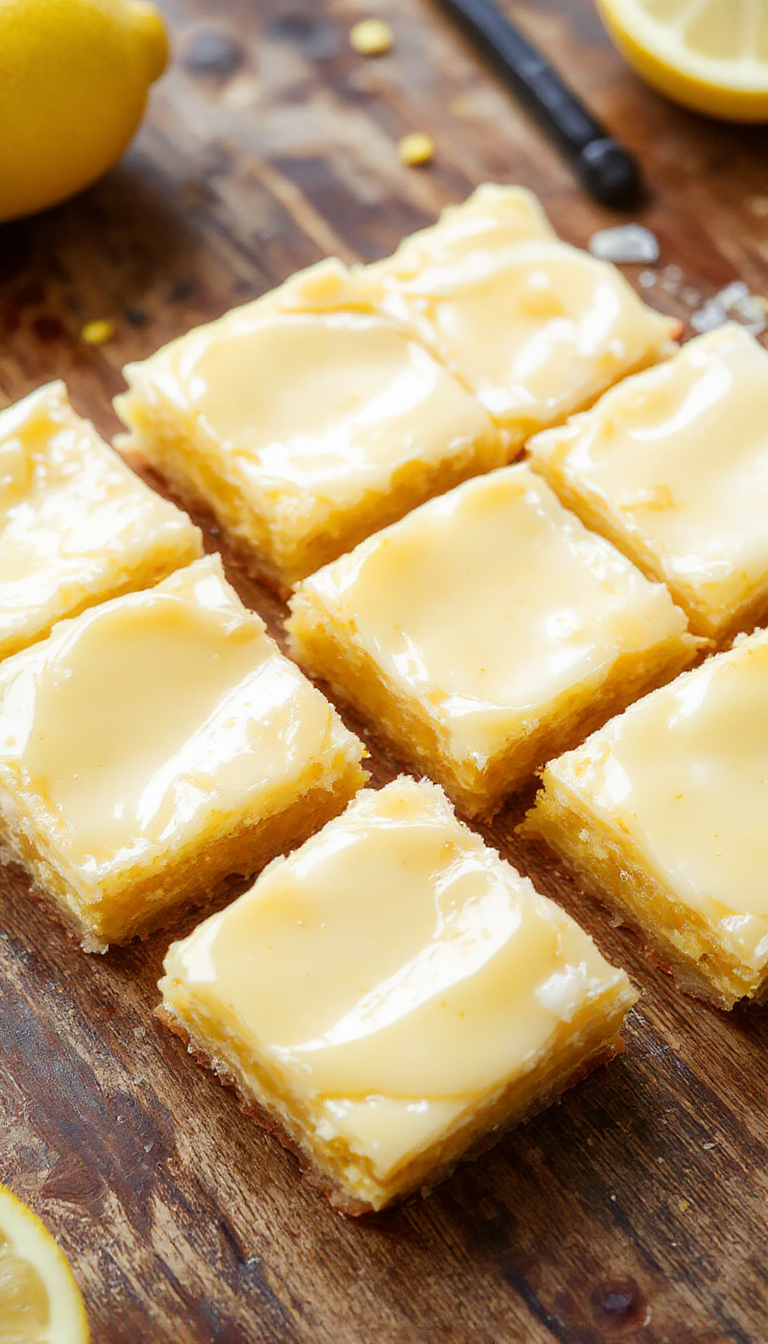 Bright & Chewy Zesty Lemon Squares with a glossy lemon glaze and golden crust displayed on a white plate