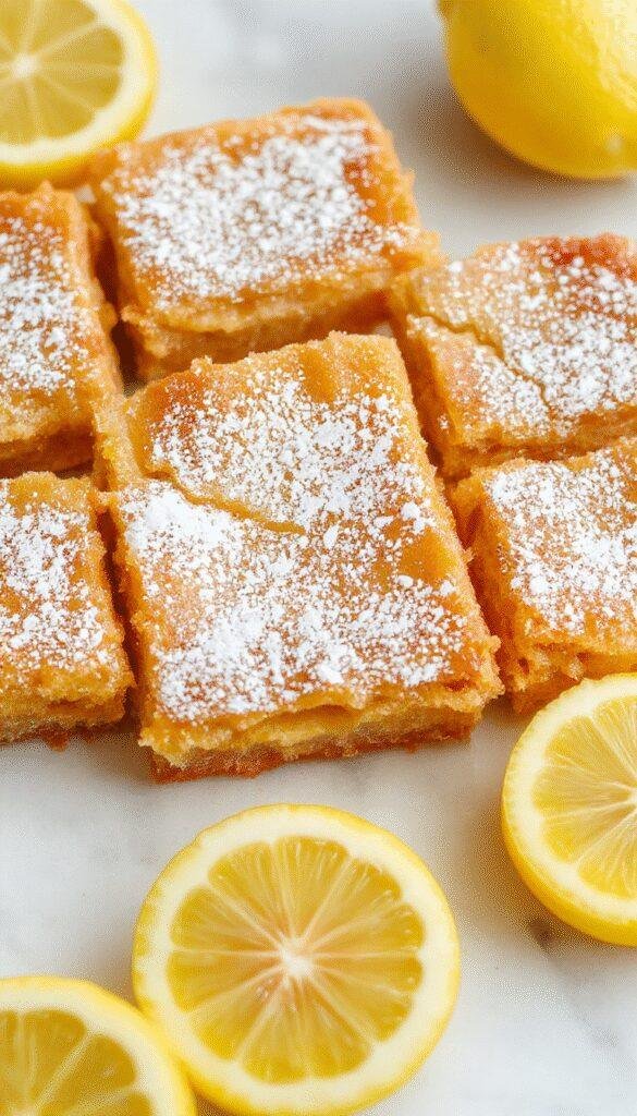 A tray of vibrant lemon bars with a glossy lemon glaze on top, garnished with fresh lemon slices and powdered sugar, set on a white plate.