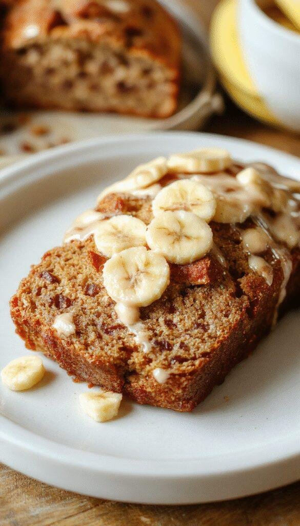 A slice of cafe-style banana bread on a rustic plate with a cup of coffee, garnished with banana slices and a sprig of mint.