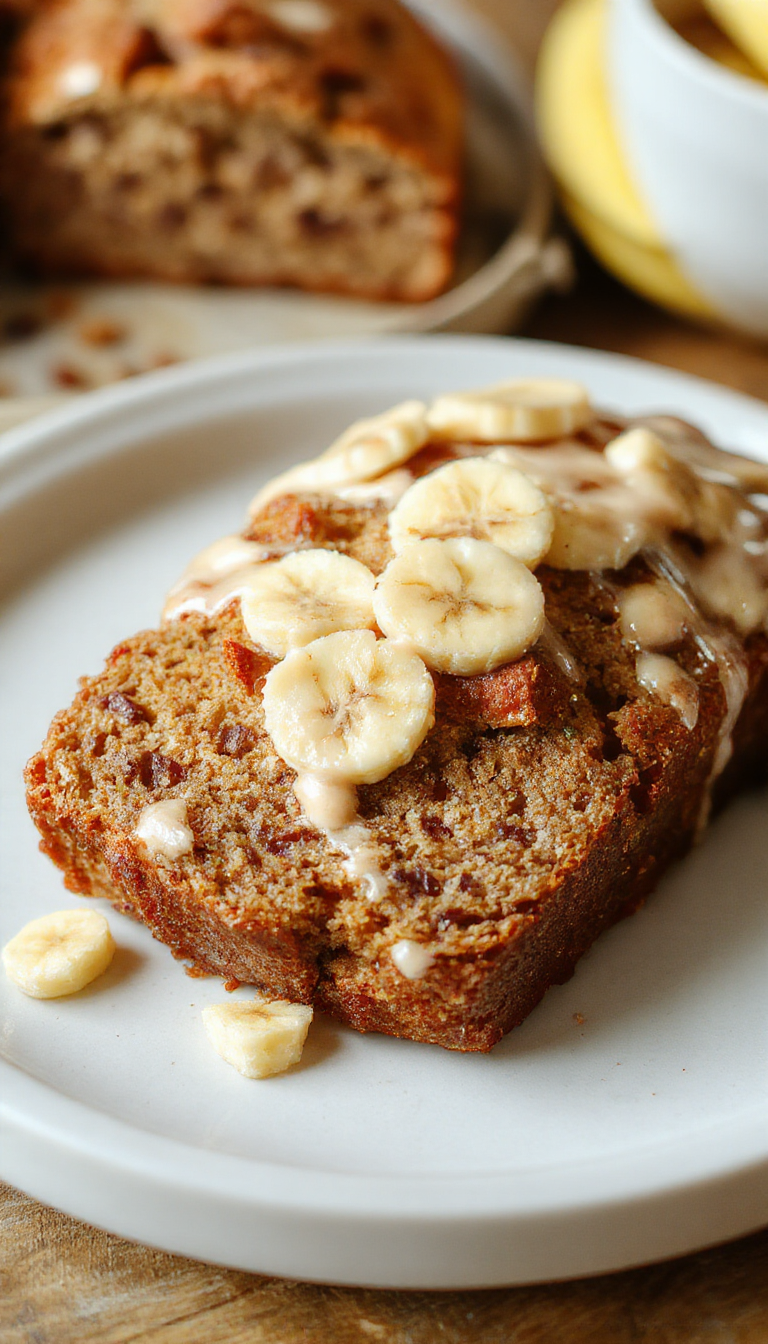 A slice of cafe-style banana bread on a rustic plate with a cup of coffee, garnished with banana slices and a sprig of mint.