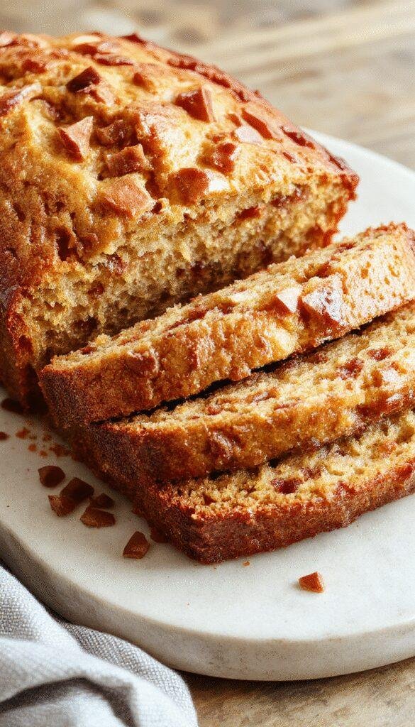 A warm slice of cafe-style banana bread on a plate, garnished with a sprinkle of powdered sugar and a drizzle of honey, with a cozy coffee cup in the background.