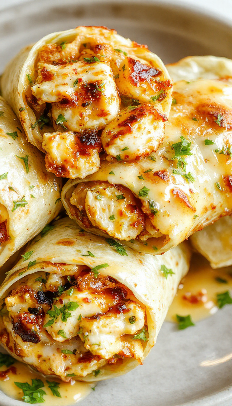 Succulent cheesy garlic chicken wraps filled with melted cheese, crispy lettuce, and flavorful garlic sauce, sliced open to reveal gooey goodness.