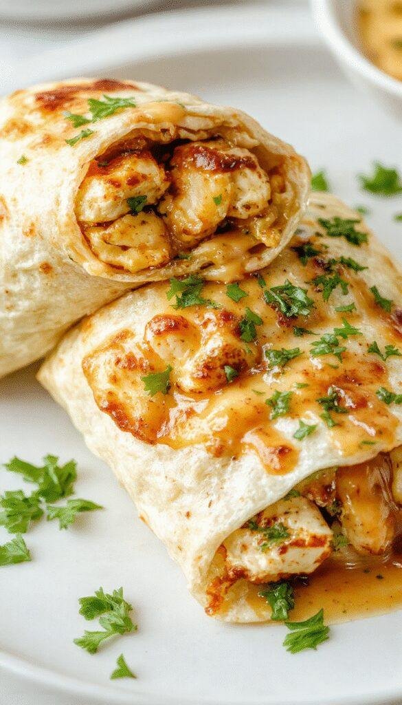 A close-up of cheesy garlic chicken wraps filled with melted cheese, crispy chicken, and fresh vegetables rolled in a soft tortilla.