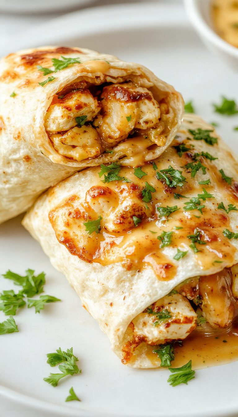 A close-up of cheesy garlic chicken wraps filled with melted cheese, crispy chicken, and fresh vegetables rolled in a soft tortilla.