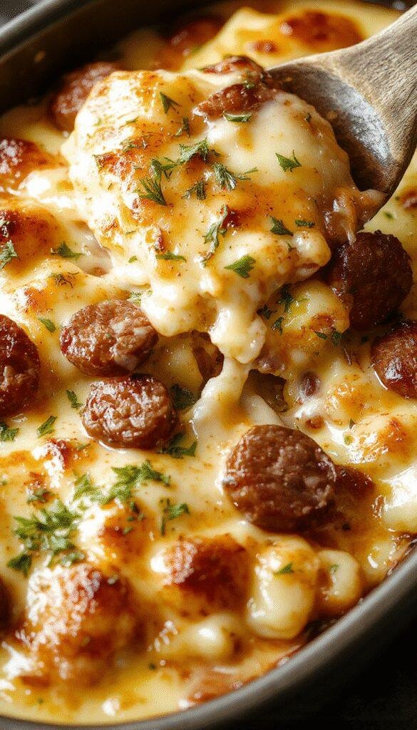 A delicious Cheesy Ranch & Smoked Sausage Bake served in a casserole dish with melted cheese, sliced smoked sausage, and fresh herbs on top.