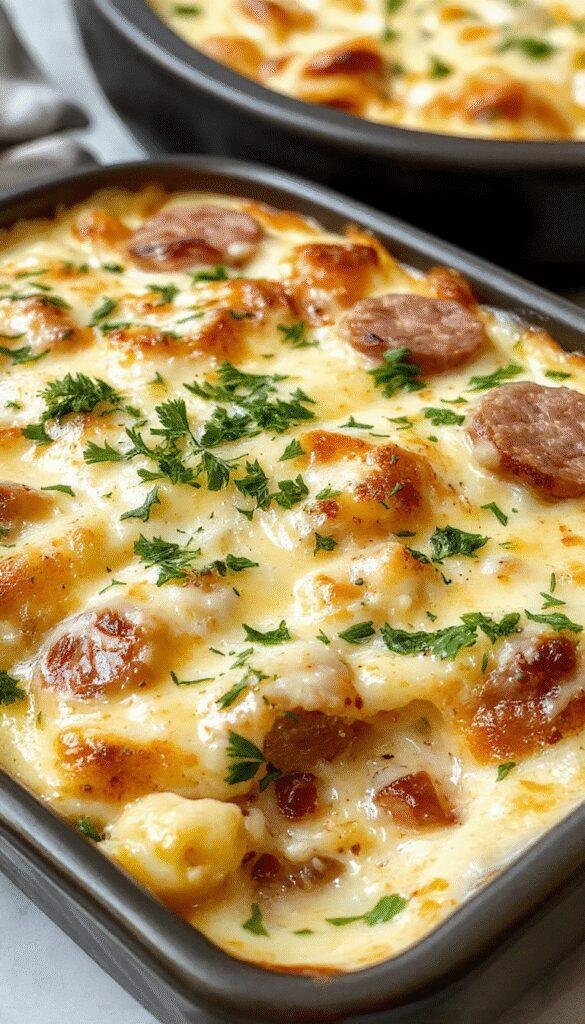 A casserole dish filled with cheesy ranch, smoked sausage slices, and baked potatoes garnished with fresh herbs, served steaming hot.