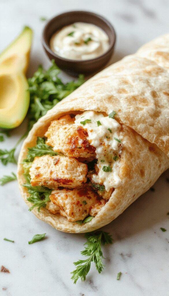 Juicy chicken and crumbled feta wrapped in pita bread with creamy tzatziki sauce, garnished with fresh herbs for a Greek-inspired gyro.