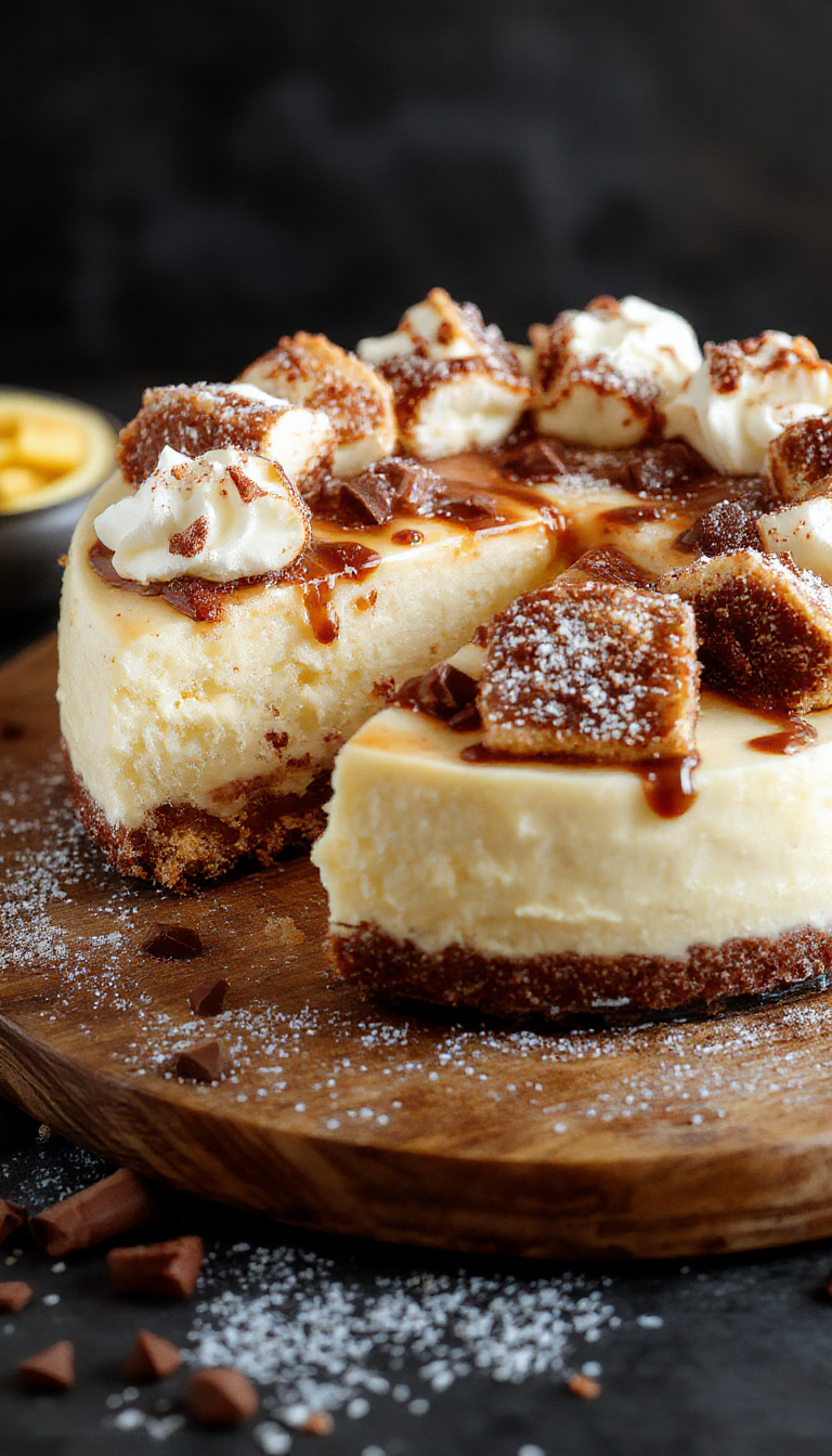 A delicious Churro Cheesecake decorated with cinnamon sugar and whipped cream, perfect for celebration desserts.