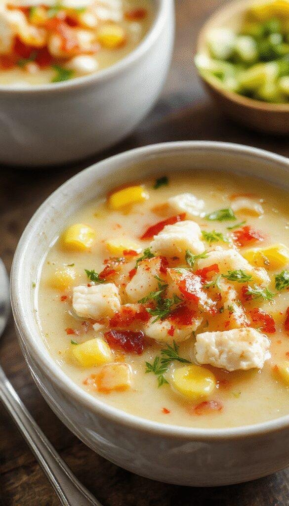 A warm bowl of slow cooker chicken and corn chowder garnished with fresh herbs and served with crusty bread on a cozy kitchen table.