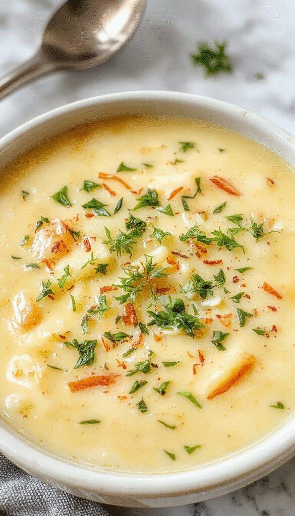 A warm bowl of Cozy Cheddar Garlic Herb Potato Soup garnished with fresh herbs and melted cheese, served with crusty bread on the side.