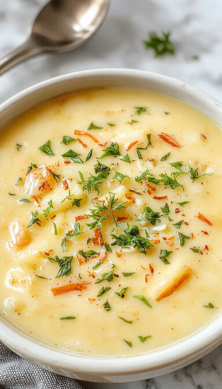 A warm bowl of Cozy Cheddar Garlic Herb Potato Soup garnished with fresh herbs and melted cheese, served with crusty bread on the side.