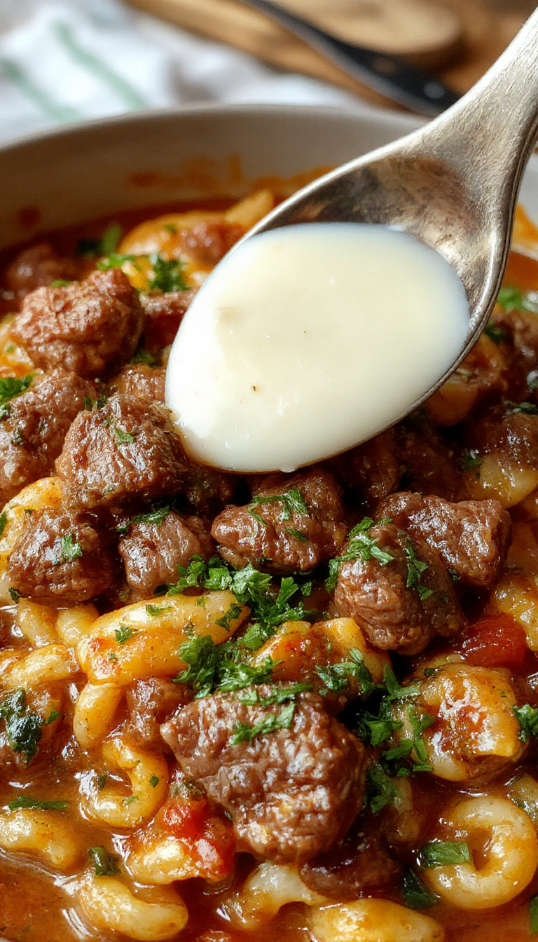 A baked dish featuring tender beef, fluffy orzo pasta, and melted cheese garnished with fresh herbs on a rustic plate.