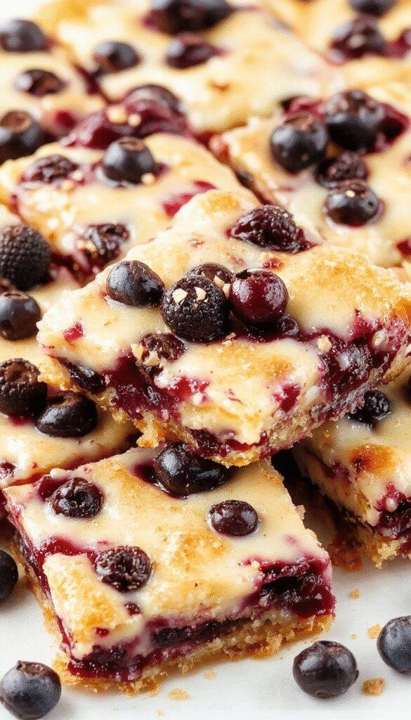 A close-up of creamy blueberry dream bars showcasing a golden crust topped with vibrant blueberries and creamy filling, garnished with a sprinkle of powdered sugar.