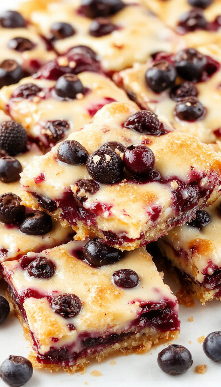 A close-up of creamy blueberry dream bars showcasing a golden crust topped with vibrant blueberries and creamy filling, garnished with a sprinkle of powdered sugar.