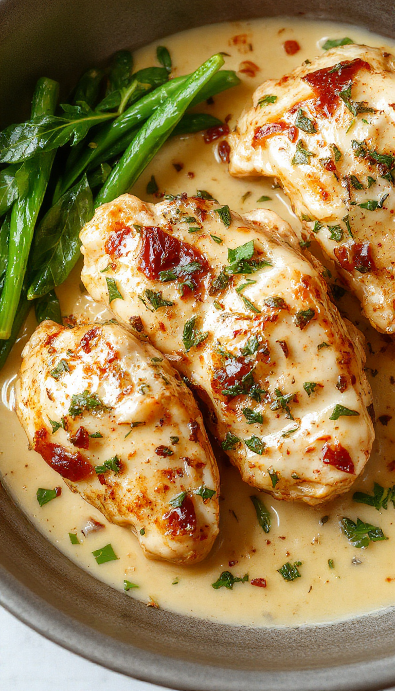 A plate of creamy Cajun chicken garnished with fresh herbs, served with colorful vegetables and a side of rice.