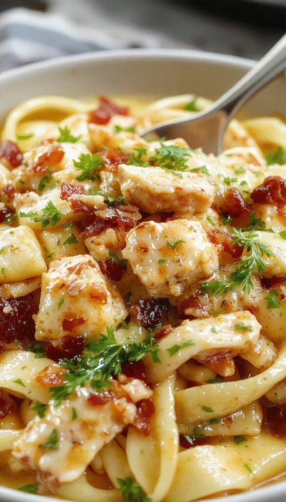 A plate of creamy chicken bacon ranch pasta garnished with chopped parsley and shredded cheese, showcasing a rich and comforting dish.