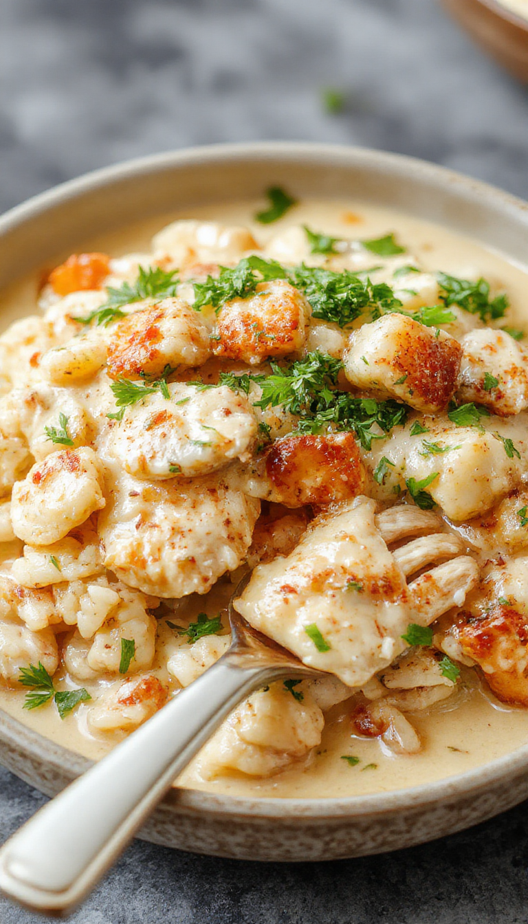 A bowl of creamy chicken and rice garnished with herbs, showcasing a comforting, hearty dish with tender chicken pieces and fluffy rice in a rich sauce.