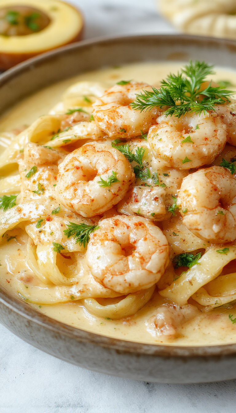 A bowl of creamy garlic shrimp pasta garnished with parsley, showcasing tender shrimp-coated pasta in a rich, cheesy sauce.