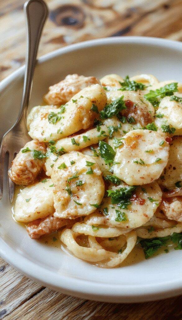A plate of Creamy Garlic & Herb Chicken Pasta garnished with fresh herbs, showcasing tender chicken slices coated in a rich, creamy sauce with pasta.