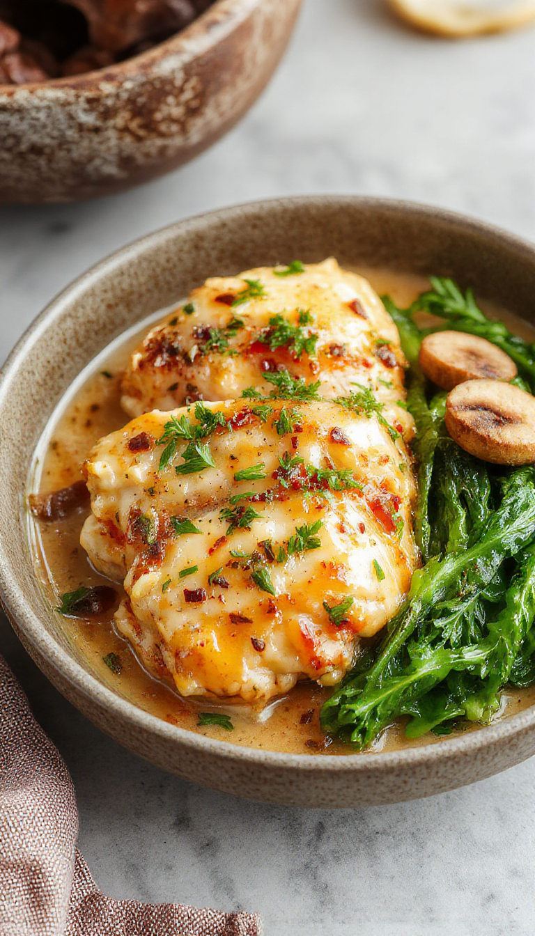 A plate of creamy garlic mushroom chicken featuring tender chicken breasts topped with sautéed mushrooms and a velvety garlic sauce, garnished with fresh herbs.