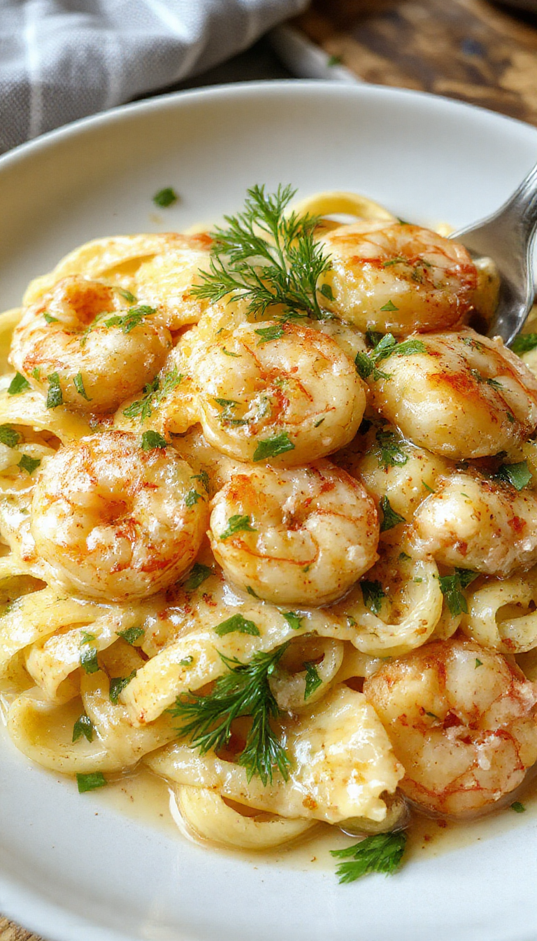 A bowl of creamy garlic shrimp pasta garnished with parsley, featuring tender shrimp coated in a rich, cheesy sauce with pasta twists.