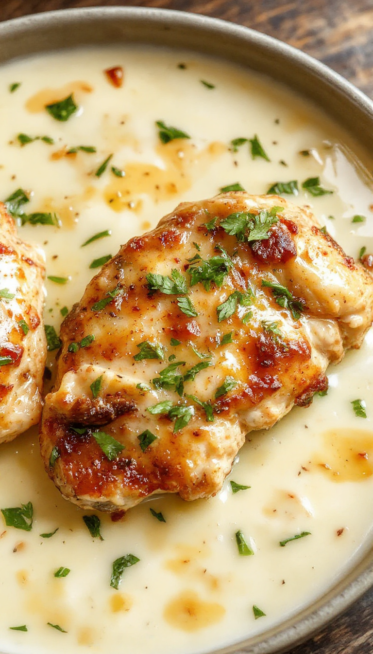 A sizzling skillet of creamy homestyle chicken topped with a rich roadhouse butter sauce, garnished with fresh herbs.