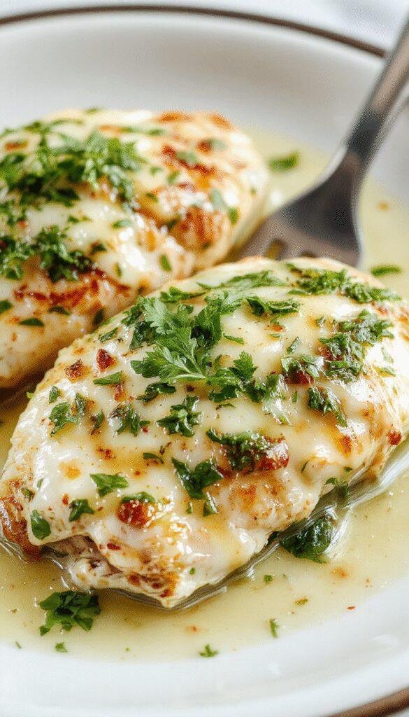 A plate of creamy pesto chicken garnished with fresh basil, served alongside roasted vegetables on a rustic wooden table.