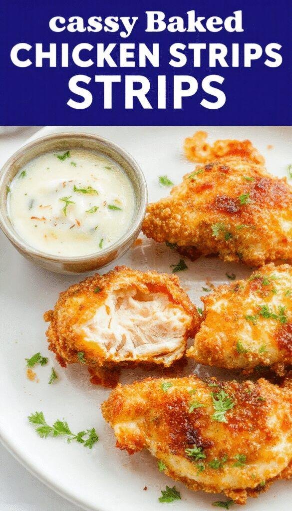 Golden, crispy baked chicken strips served on a white plate with dipping sauces, garnished with fresh herbs.