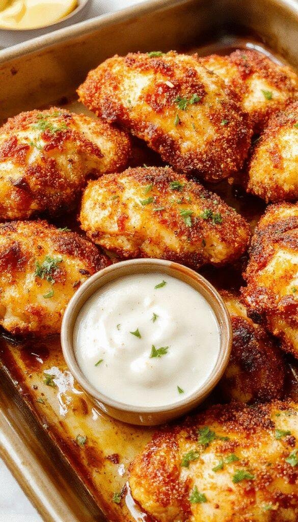 Golden crispy baked chicken tenders arranged on a rustic platter, served with dipping sauces and garnished with fresh herbs.