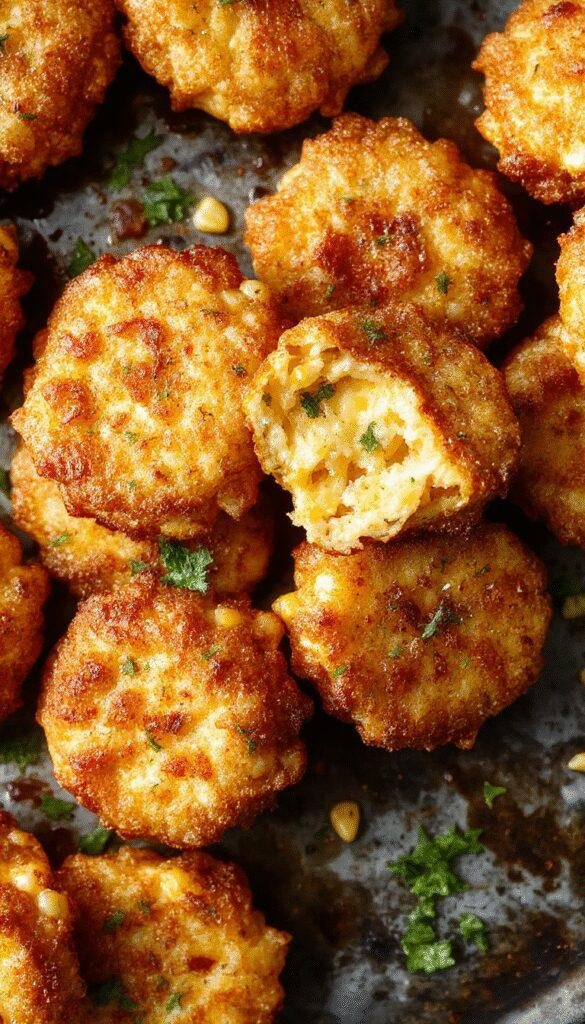 Golden, crispy cheese corn fritters stacked on a rustic plate, garnished with fresh herbs, showcasing their crunchy texture and cheesy interior.