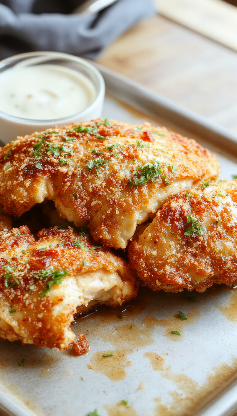 Golden crispy oven-baked chicken strips served on a plate with dipping sauces and fresh vegetables.