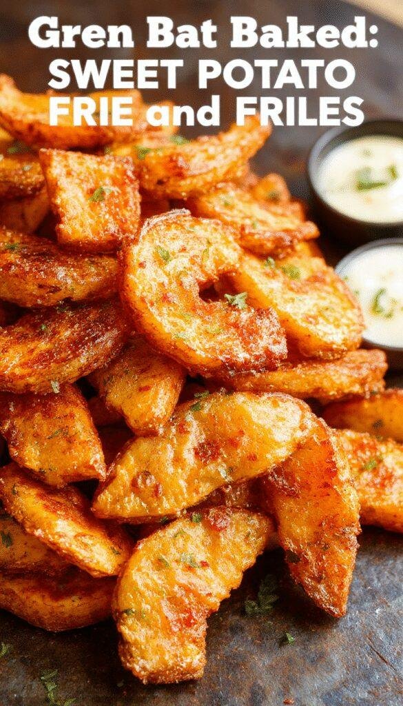 Golden crispy oven-baked sweet potato fries on a rustic wooden tray, garnished with parsley and served with a side of dipping sauce.