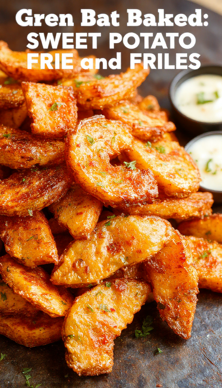 Golden crispy oven-baked sweet potato fries on a rustic wooden tray, garnished with parsley and served with a side of dipping sauce.