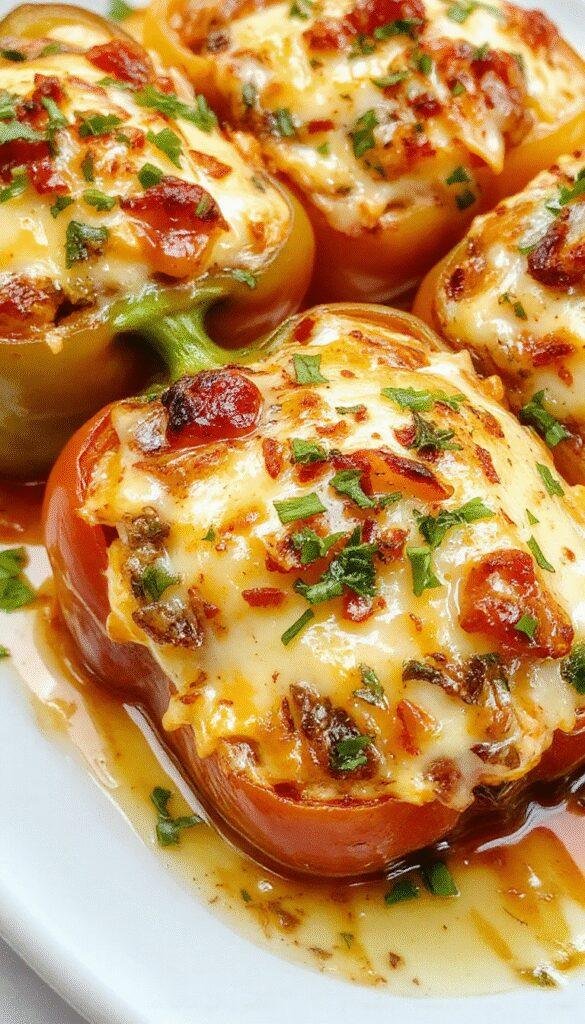 Colorful stuffed bell peppers filled with seasoned rice, vegetables, and melted cheese, arranged on a plate for serving.