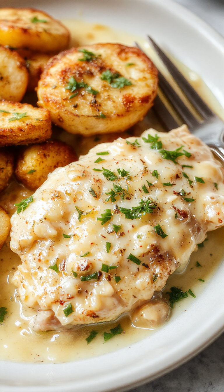 A creamy plate of Dreamy Velvety Garlic Parmesan Chicken Alfredo garnished with parsley and grated cheese, served with garlic bread on the side.