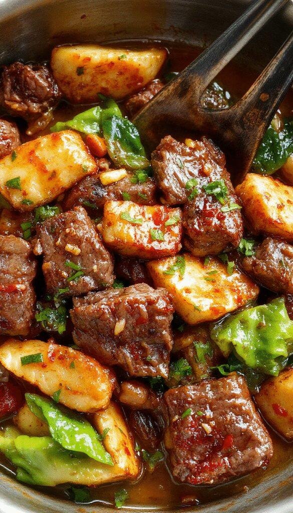 A vibrant plate of beef stir fry with colorful bell peppers and broccoli, served over steaming jasmine rice, showcased on a wooden table.