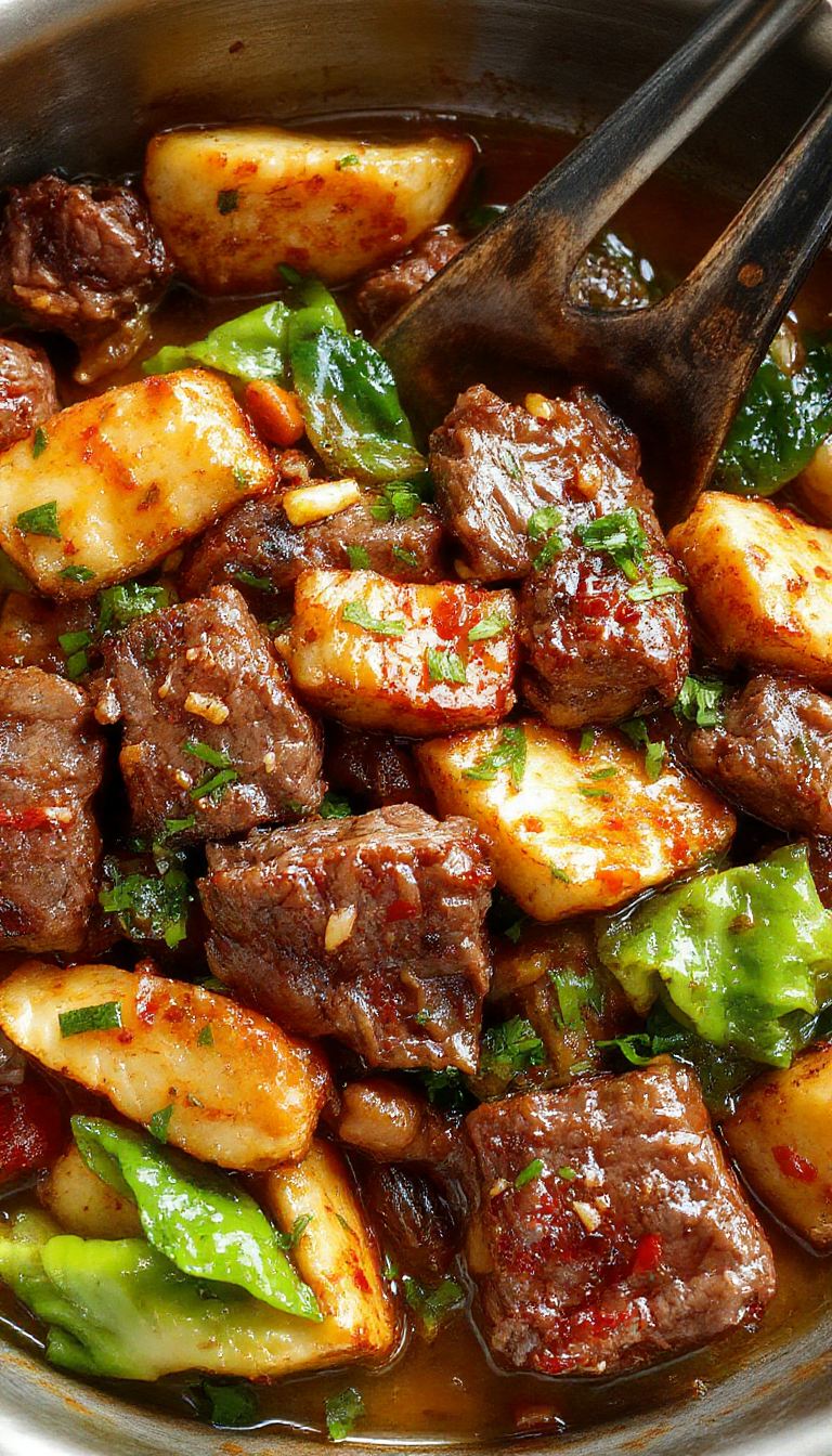 A vibrant plate of beef stir fry with colorful bell peppers and broccoli, served over steaming jasmine rice, showcased on a wooden table.