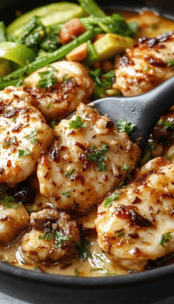 A sizzling skillet with tender chicken pieces, sliced mushrooms, and cracked black pepper, garnished with fresh herbs.