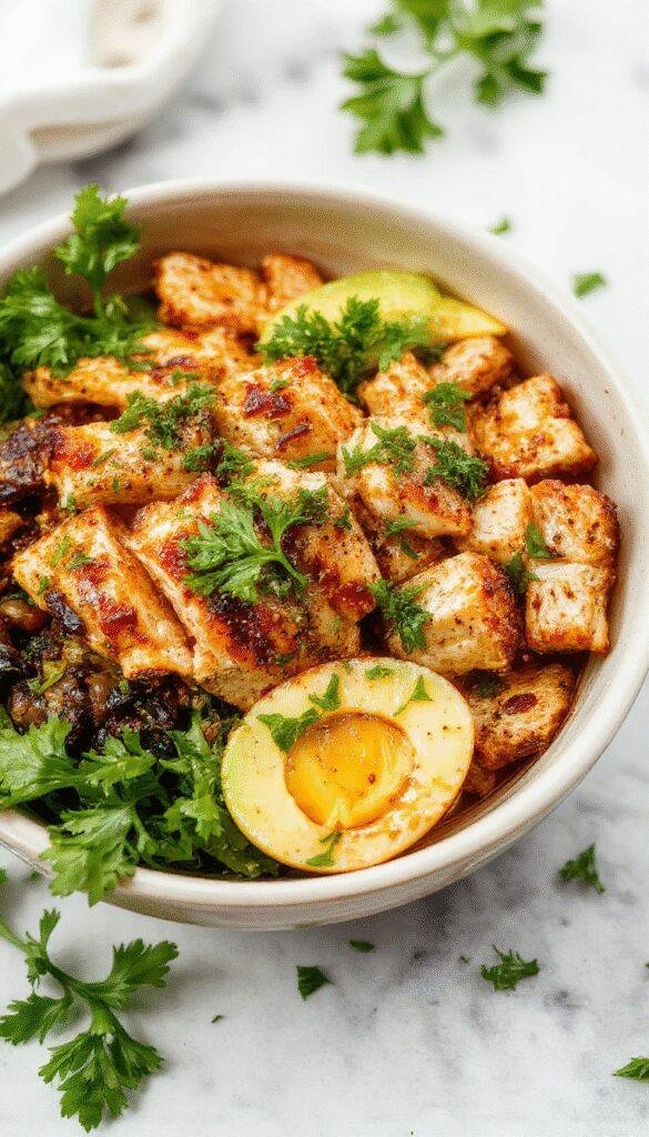 A vibrant white bowl filled with grilled chicken strips, colorful vegetables, rice, and a drizzle of sauce, ready for a delicious weeknight dinner.