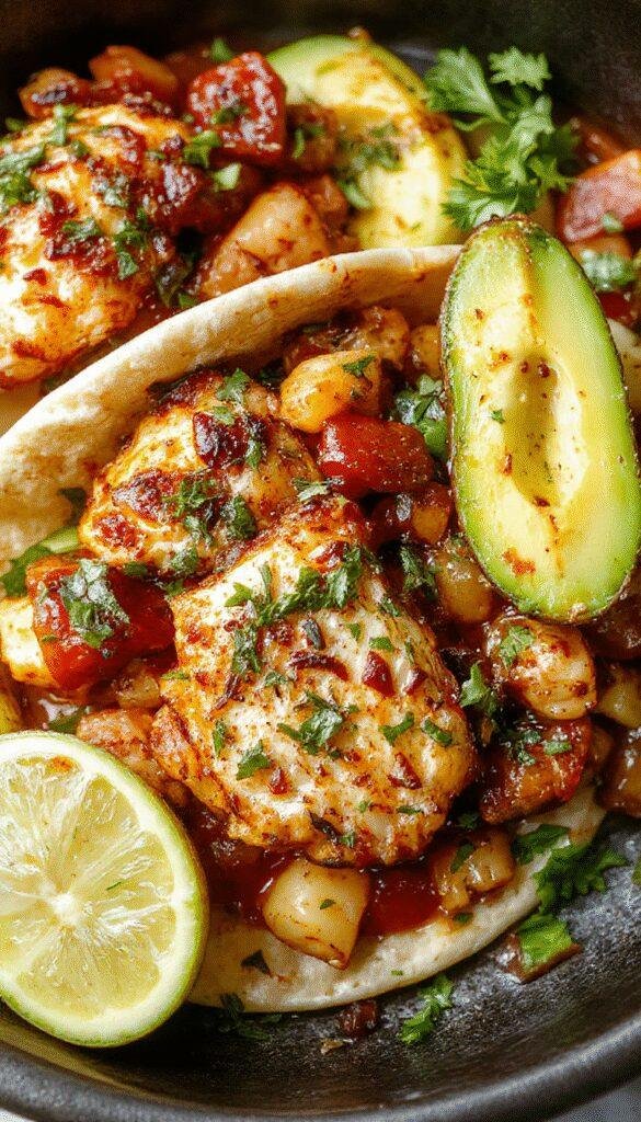 Colorful chicken fajitas with sizzling peppers and onions served on warm tortillas with fresh toppings