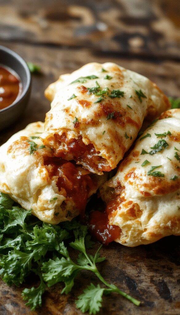 Close-up of golden-brown high-protein pizza pockets filled with cheese, vegetables, and meats, arranged on a wooden platter.