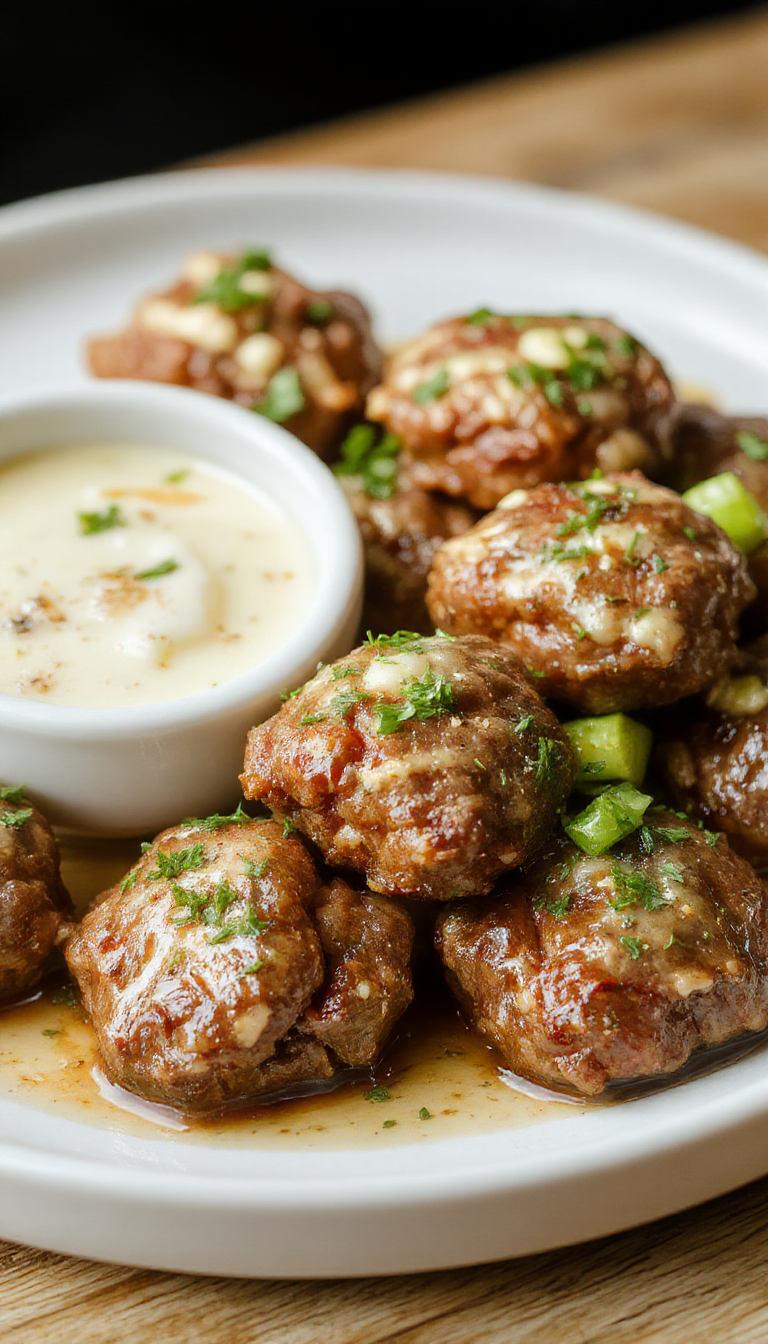 Plate of juicy beef bites coated in garlic butter with fresh herbs, served on a rustic wooden table