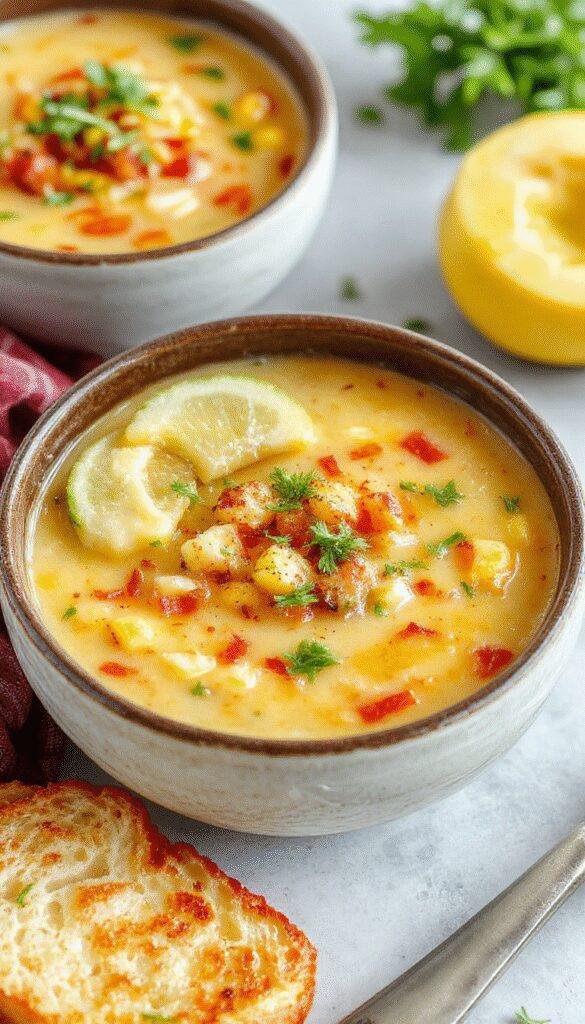 A bowl of creamy Mexican Street Corn Soup garnished with cilantro and crumbled queso fresco, served alongside fresh corn on the cob.