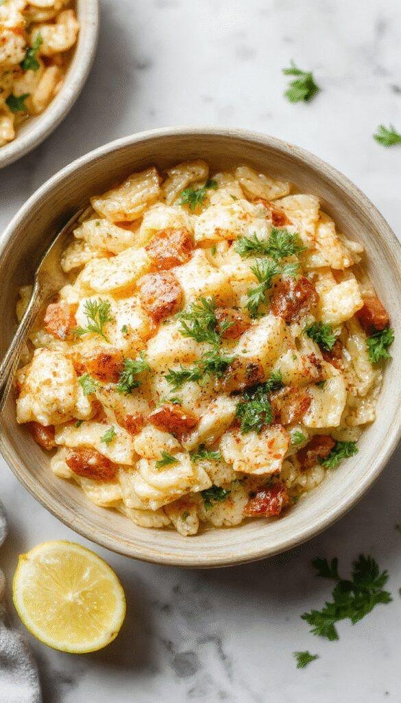 A plate of colorful orzo pasta dinner garnished with fresh herbs, cherry tomatoes, and parmesan cheese on a rustic wooden table.