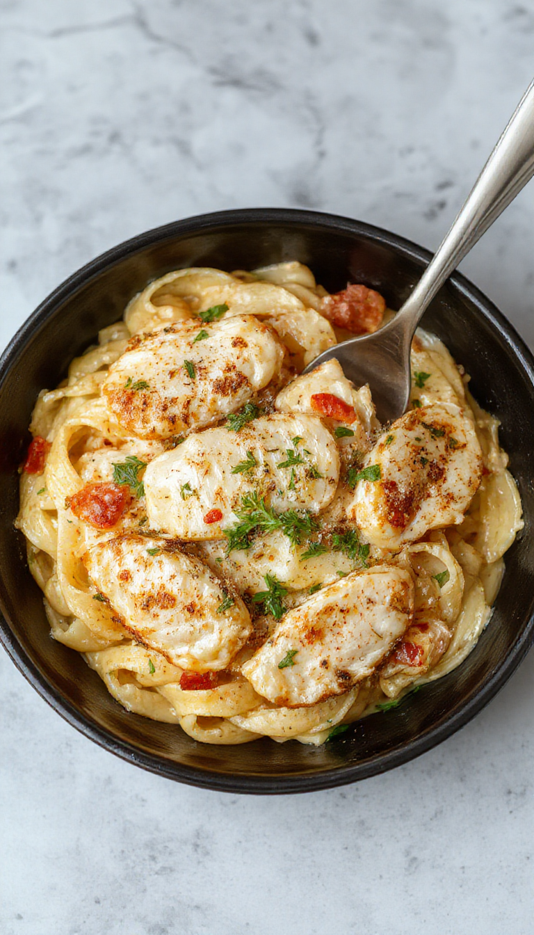 A hearty plate of Effortless Parmesan Chicken Pasta featuring golden chicken pieces, creamy Parmesan sauce, and al dente pasta garnished with fresh herbs.