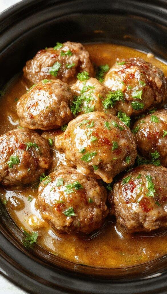 A serving plate of savory Salisbury steak meatballs slow-cooked to perfection, garnished with fresh herbs and served with mashed potatoes.