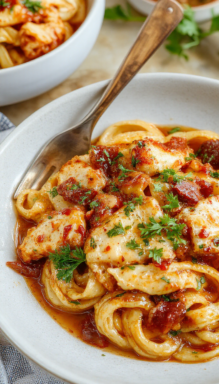 A plate of Effortless Sweet & Savory Chicken Pasta featuring stir-fried chicken, colorful vegetables, and a glossy sauce on a white dish