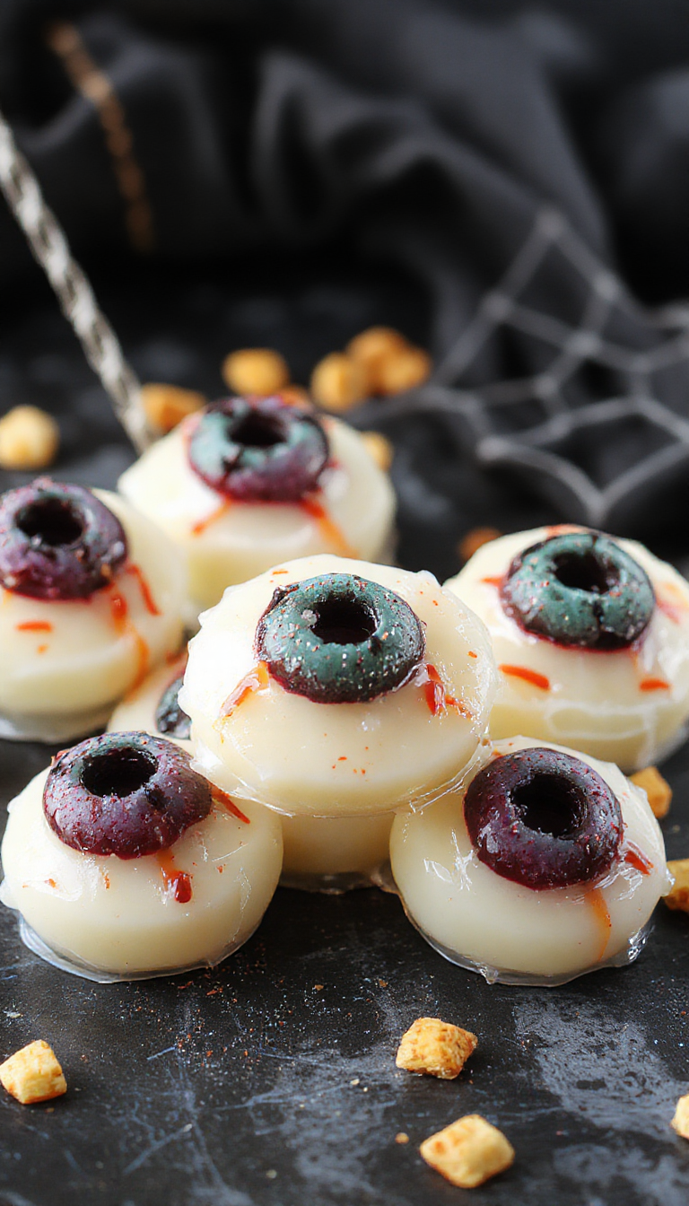 Colorful eyeball gelatin treats with vibrant, creepy details perfect for Halloween-themed parties.