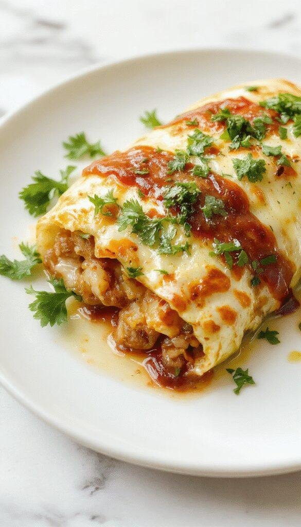 A colorful plate of enchiladas garnished with fresh cilantro, cheese, and sliced jalapenos, served with sides on a vibrant table.