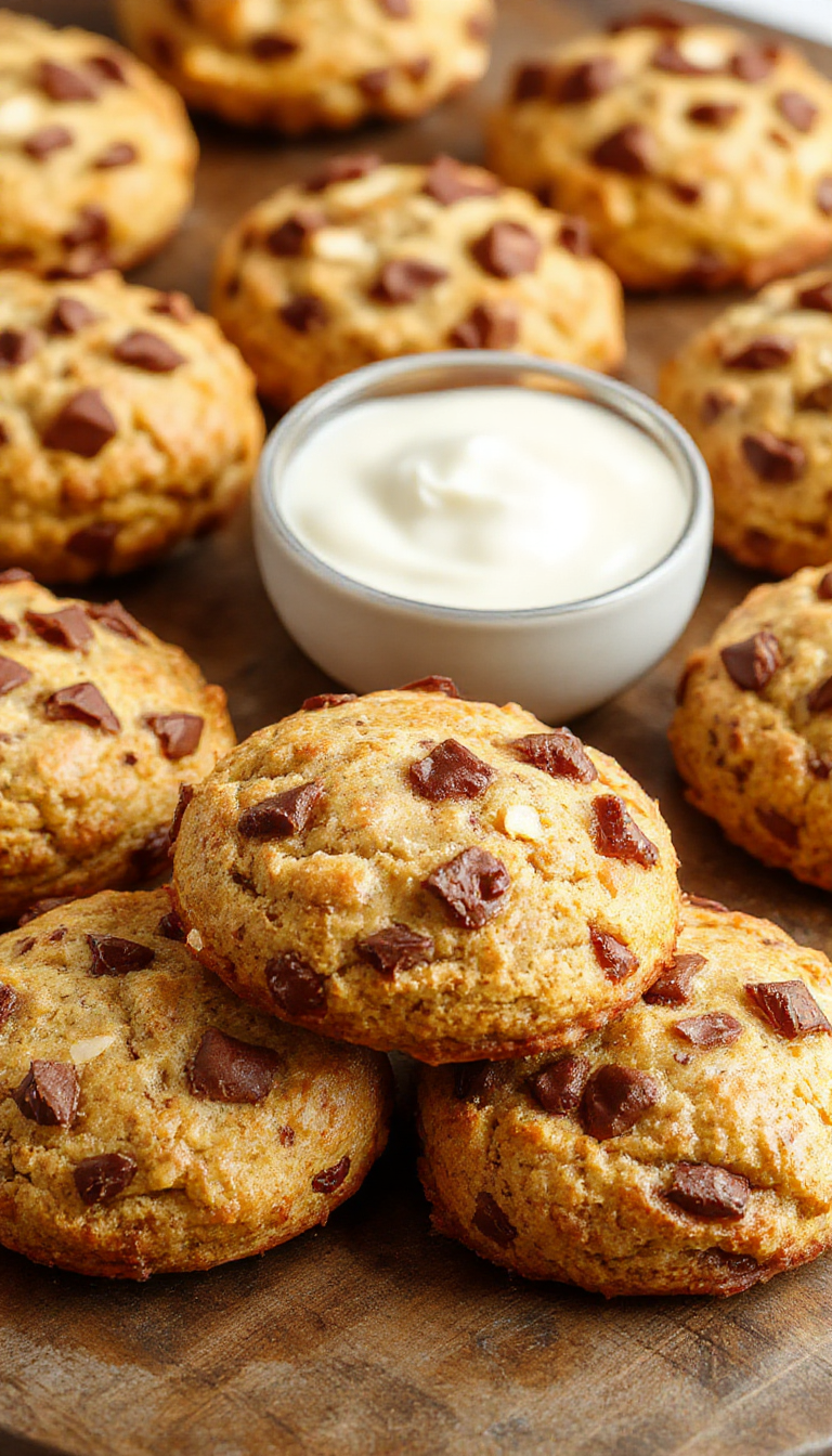 A plate of golden Energizing Protein Biscuits placed on a rustic wooden table, with fresh fruits and a glass of milk beside them.